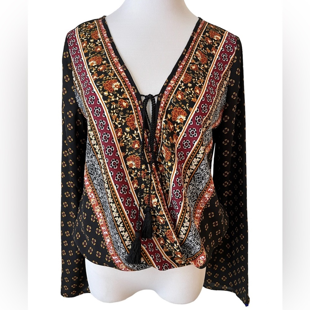 Live to be Spoiled Multicolor Faux Wrap Long Sleeve Top
